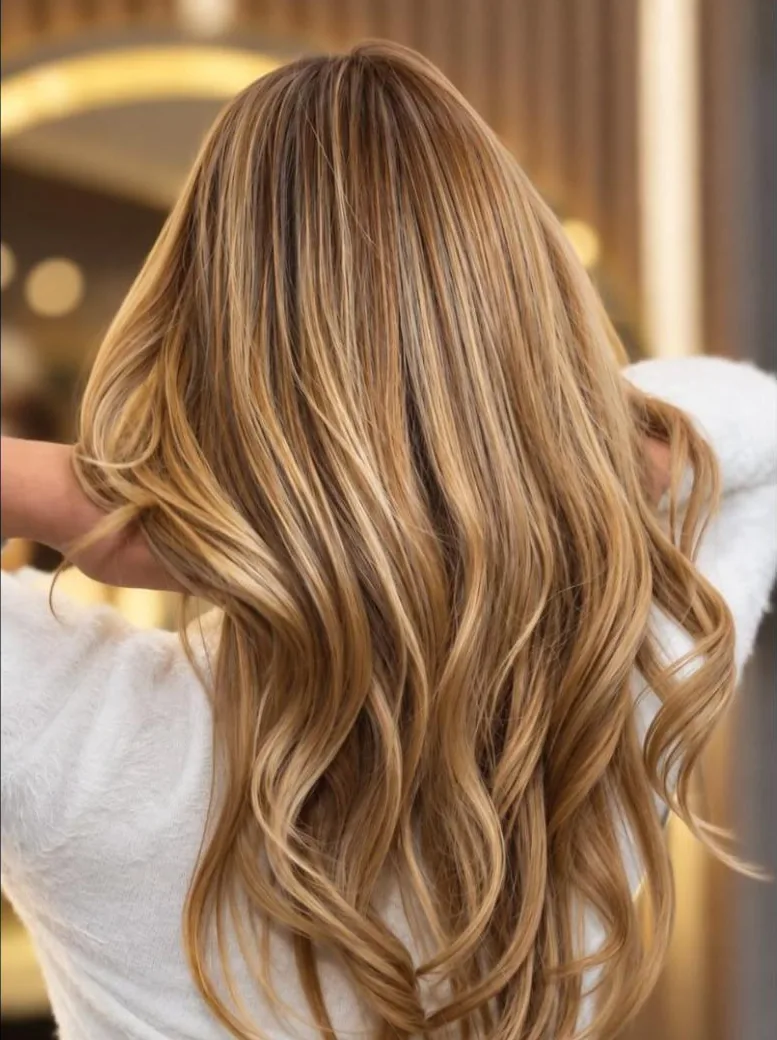 Cabelo longo com mechas loiras e ondas, visto de costas